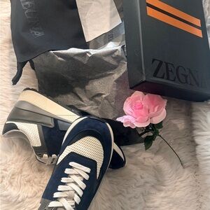 Zegna Men's Blue and White Sneakers